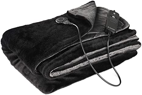 Navaris Electric Blanket - Faux Fur Double Size Heated Over Blanket with 3 Heat Settings and Auto Shut Off Timer - Extra Plush Bed Throw - Black/Grey