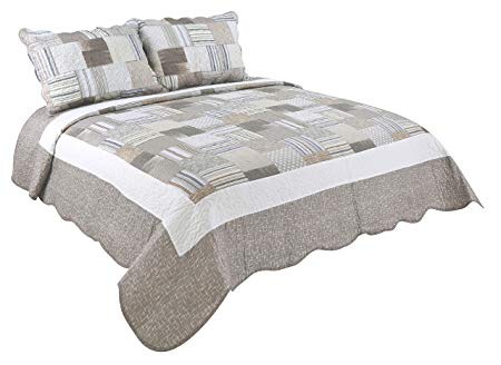 Marina Decoration Rich Printed 3 Pieces Luxury Quilt Set with 2 Quilted Shams, Taupe Dot Stripes Plaid Pattern, Taupe and White Color, Queen Size