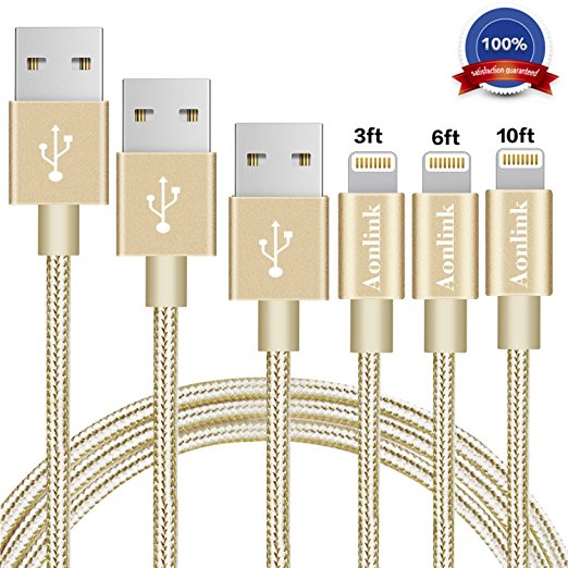 Aonlink iPhone Charger Cable, 3Pack 3FT 6FT 10FT Nylon Braided Lightning to USB Cord with Aluminum Connector for iPhone 7/7 Plus/6s/6s Plus/6/6Plus/5s/5c/5, iPad/iPod Models-Gold