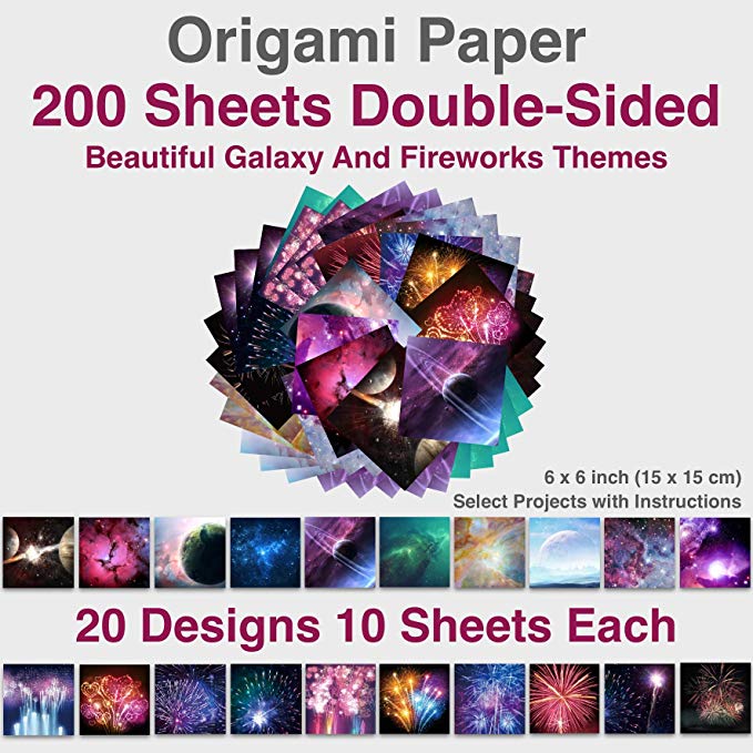 Premium Origami Paper 6x6 inch Double Sided 200 Sheets, 20 Vibrant Designs of Beautiful Galaxy Outer Space and Fireworks Themes, Easy Folding for Paper Arts Crafts, Kids & Grown-ups, School Teachers