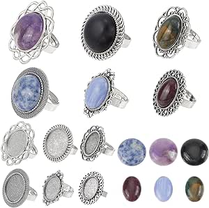 SUNNYCLUE 6 Sets Cabochon Ring Kit Cabochon Ring Setting Adjustable Stone Cabochon Rings Healing Energy Agate Amethyst Gemstone Antique Silver Finger Rings for Jewelry Making Kits DIY Supplies