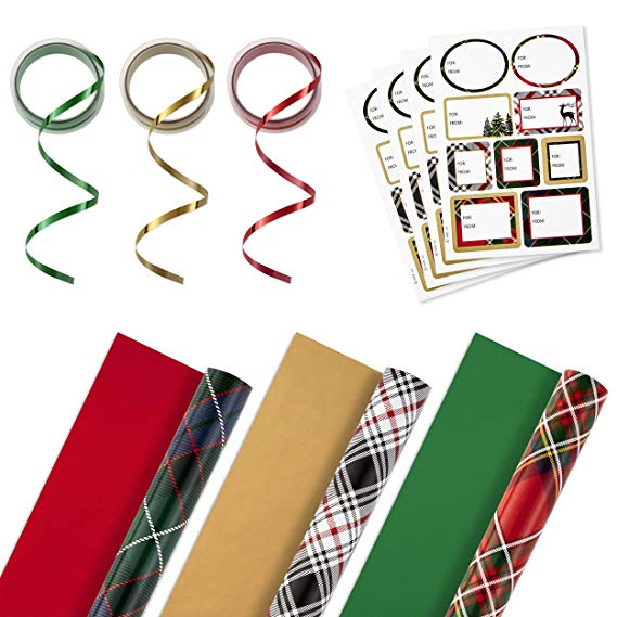 Hallmark Reversible Christmas Wrapping Paper Set with Ribbon and Gift Tag Stickers (Green, Red, Black Plaid; 3 Rolls, 120 sq. ft. ttl; 30 Yds. Ribbon, 36 Seals)
