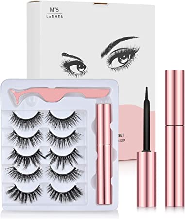 Magnetic Eyeliner and Magnetic Eyelash Kit (5 Pairs), Upgraded 3D Reusable Magnetic Eyelashes Kit False Lashes Natural Look with Applicator, No Glue Needed