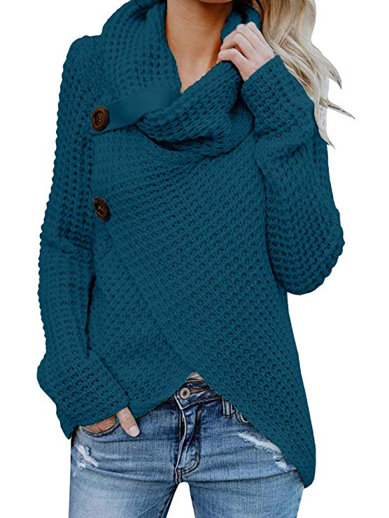 Womens Sweaters Turtle Cowl Neck Chunky Cable Knit Button Wrap Pullover Sweater Coats (S-XXL)
