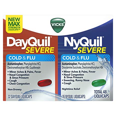 Vicks DayQuil and NyQuil Severe Cough, Cold & Flu Relief, 48 LiquiCaps (32 DayQuil & 16 NyQuil) - Relieves Sore Throat, Fever, and Congestion, Day or Night