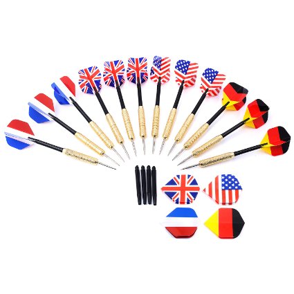 GWHOLE 12-Piece Set Steel Tip Darts with National Flag Flights of France, Germany, United Kingdom and USA