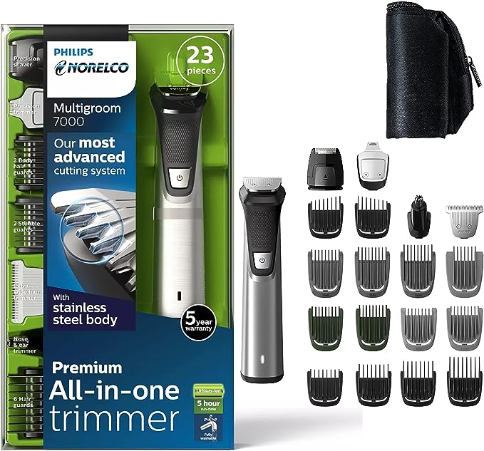 PHILIPS Norelco Multigroomer All-in-One Trimmer Series, 23 Pieces Mens Grooming Kit for Trim and Style Your Face, Head and Body, Max Precision with 2X More Blades - Broage Storage Bag