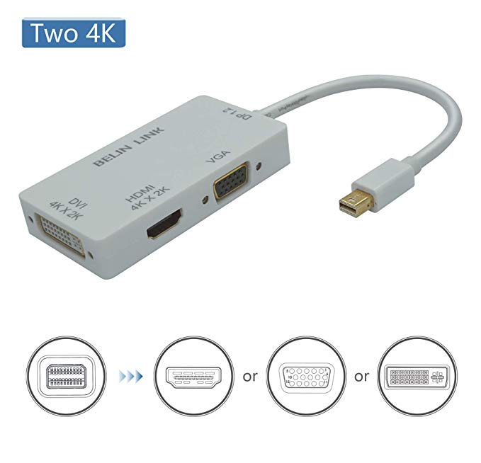 Thunderbolt Mini dp to HDMI DVI VGA 3 in 1 Two 4K Adapter, Bilin Link Gold-Plated Connector Video Adapter, for MacBook Pro mac Book air Surface pro(Rectangle)