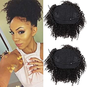 Human Hair Afro Puff Ponytail Extensions for Black Women Kinky Curly Drawstring Hair Ponytail Hairpieces Natural Kinky Curly Clip in Ponytail (8inch)