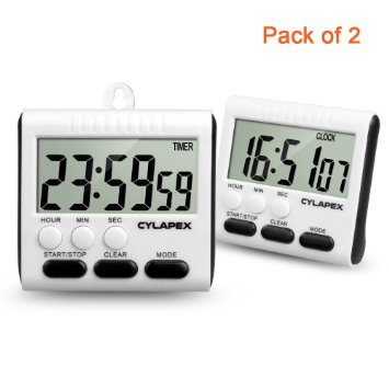 CYLAPEX Magnetic Kitchen Timer with Large Display, Digital Clock Function, with Retractable Stand and Big Clear Screen, Powered by 1 AAA Battery, Pack of 2