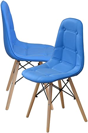 Modern Set of Tufted 2 Eames Style Chair Natural Wood Legs (Sky Blue)