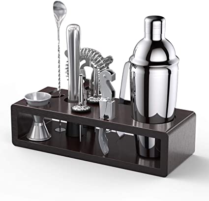 Bartender Kit with Stand, Stainless Steel Cocktail Shaker Set with 10-Piece Bar Tools/Bar Accessories for Home, Bars, Traveling and Outdoor Parties Drink Mixer Bartending