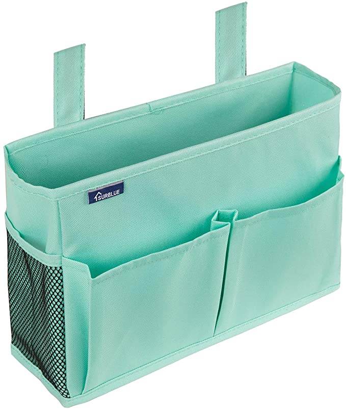 Surblue Bedside Caddy Hanging Bed Organizer Storage Bag Pocket for Bunk and Hospital Beds, College Dorm Rooms Baby Bed Rails,Camp 4 Pockets and 2 Hooks (Green)