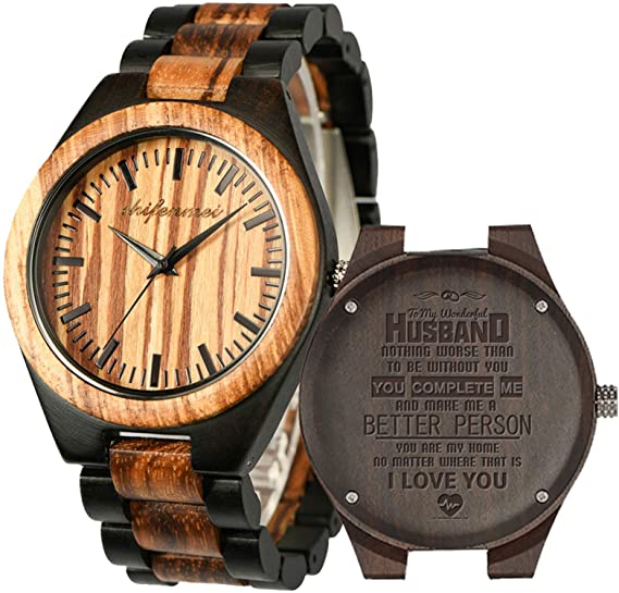 Engraved Wooden Watches, Personalized Engraved Wood Watch for Anniversary Birthday Graduation Gift for Husband Boyfriend Love Dad Mom Son Friend Japanese Movement Battery Engraved Watch with Gift Box