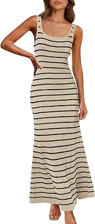 MEROKEETY Women's Sleeveless Striped Bodycon Maxi Dress Square Neck Ribbed Knitted Tank Sweater Dress