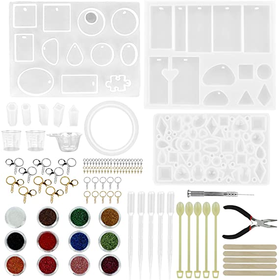 185 PCS Resin Casting Moulds Kit, WOVTE DIY Jewelry Craft Moulds Silicone Epoxy Resin Moulds Including Many Different Shapes, Glitter Powder, Keychain and Dril Tools Set for for Art Craft Lovers