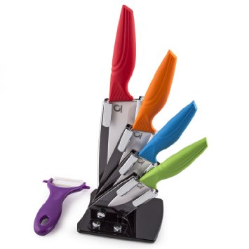 ZenWare® 6 Piece Multi Color Ceramic Cutlery Kitchen Knives with Fruit Peeler and Knife Stand