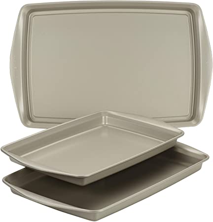 Rachael Ray 47683 Nonstick Bakeware Set Without Grips Includes Nonstick Cookie Sheets/Baking Sheets - 3 Piece, Silver