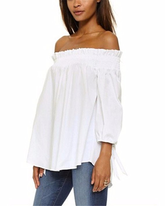 ZANZEA Women's Plus Size Off Shoulder 3/4 Sleeve Loose Long Tops Blouse Shirt