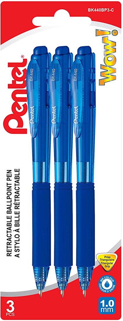 Pentel BK440BP3-C Retractable BallpointPen 1.0mm Medium Point, 3 Pack Blue Ink