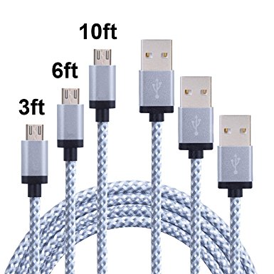 AOKER 3pcs 3ft 6ft 10ft Nylon Braided High Speed 2.0 USB to Micro USB Charging Cord Fast Charger Cable for Samsung Galaxy S7/S6/S5/Edge,Note 5/4/3,HTC,LG,Nexus and More