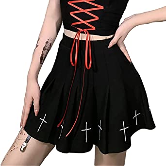 Ruolai Gothic Black Pleated Mini Skirt with Chain High Waist Pocket Punk Skirt Cool Skirt