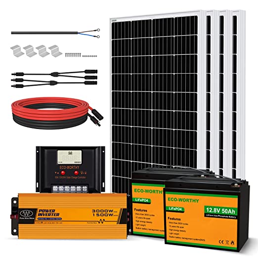 ECO-WORTHY 480W 24V Solar Panel System 2kWh/Day Off Grid Kit for Home RV Motorhome Shed: 4pcs 120W Solar Panel 60A Charge Controller 2pcs 50Ah Lithium Battery 1500W DC 24V to AC 220V Inverter