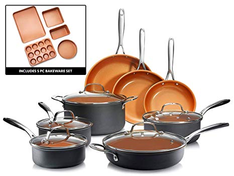 Gotham Steel 2832 Professional – 18 Piece Hard Anodized Cookware   Premium Bakeware Set with Ultimate Nonstick Ceramic & Titanium Coating, Oven and Dishwasher Safe, Brown