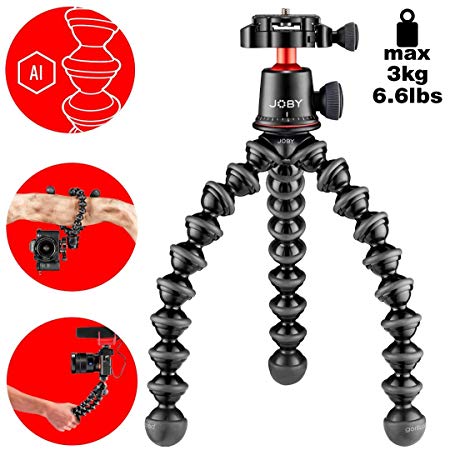 Joby Gorillapod 3K Pro Kit, Includes Stand & BallHead with QR Plate, 6.Lb Load Capacity, Black/Charcoal/Red