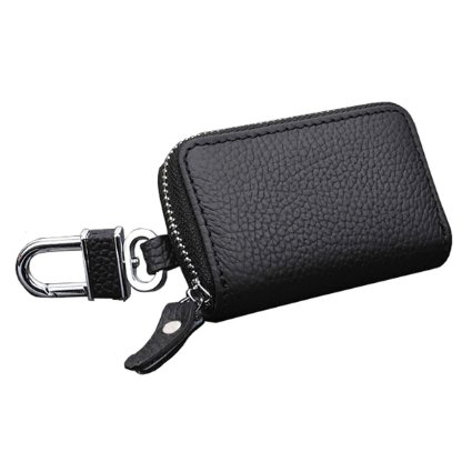 Cy3Lf Genuine Leather Remote Car Keychain Universal Key Holder Bag Black Zipper Case Cover Wallet Bag Shell Fob Ring
