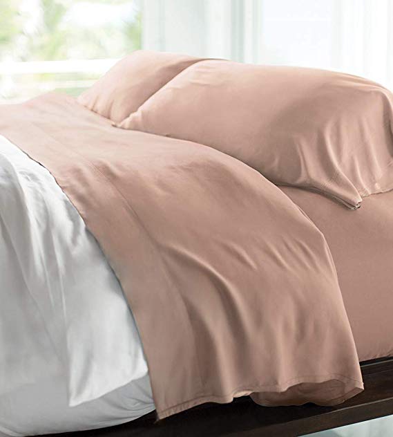 Cariloha Resort Bamboo Sheets 4 Piece Bed Sheet Set - Luxurious Sateen Weave - 100% Viscose from Bamboo Bedding (Queen, Blush)