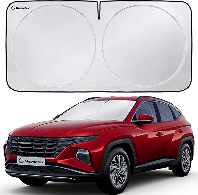 Magnelex Car Windshield Sun Shade with Storage Pouch. Reflective 240T Material Car Sun Visor with Mirror Cut-Out for Car, Truck, Van or SUV. Foldable Sun Shield for Sun Heat and UV Protection (Large)
