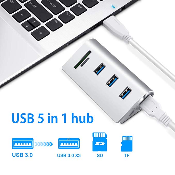 Rocketek USB 3.0 HUB, USB 3.0 3-Port Portable Aluminum Hub, Build-in TF & SD Card Reader Combo Compatible with for Mac Book Air, Mac Mini, iMac, Laptop, PC. USB Hub White