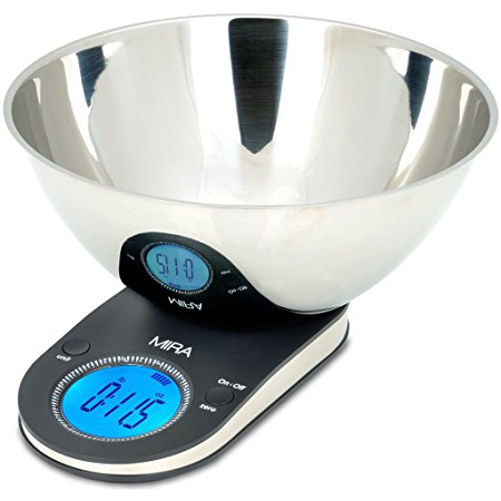 MIRA Brands Digital Kitchen Scale with Stainless Steel Bowl, 9.65-Inch, Black