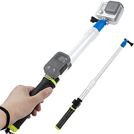 Floating Extension Pole, 15-25 Inch Extending Selfie Stick with Remote Housing Clip for GoPro Hero 1 2 3 3  4 4 session (Yellow)