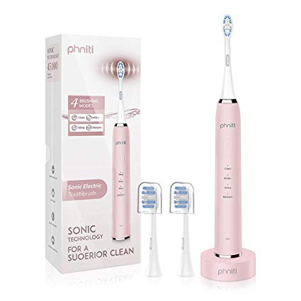 Sonic Electric Toothbrush, USB Rechargeable Toothbrush, 2 Mins Smart Timer 4 Brushing Modes with 2 Replacement Brush Heads by Phniti, Pink