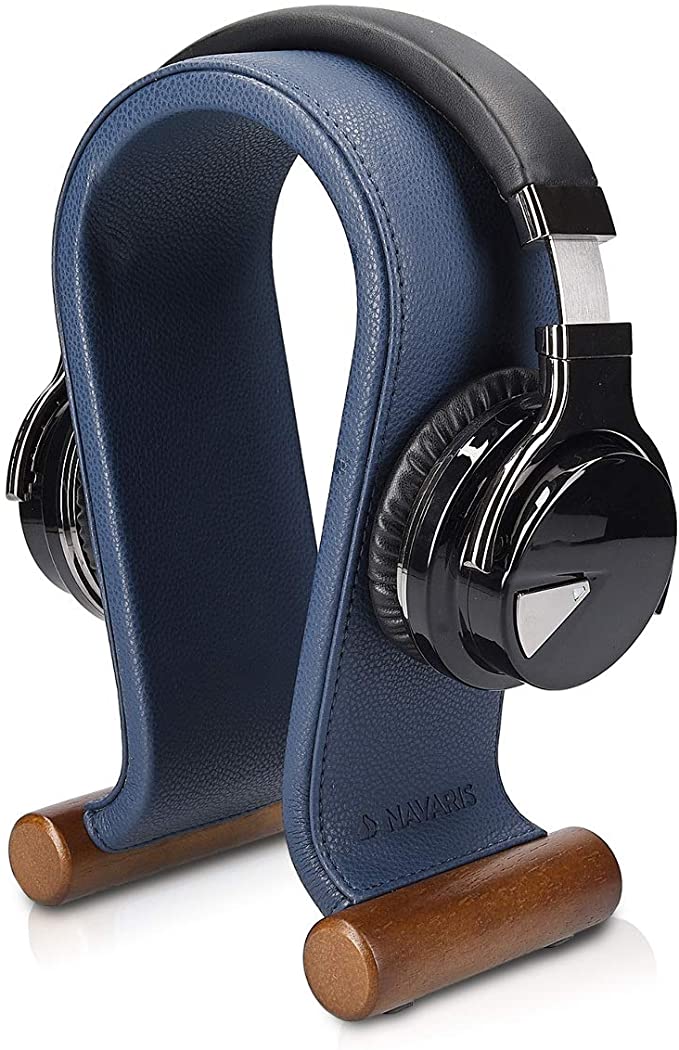 Navaris Omega Headphone Stand - Synthetic Leather Headset Hanger with Wooden Base - Holder for Wired, Wireless, Gaming, DJ, Studio Headphones - Blue