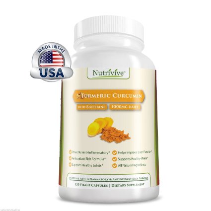 Nutrivive Turmeric Curcumin with Bioperine Supplement 120 Veggie Capsules Contains Black Pepper Great for Inflammation and Joint Pain Ayurveda Safe for Vegans Premium Quality All Natural Pain Reliever Anti-depressant and More Powerful Anti-inflammatory and Antioxidant Protects From Free Radical Damage 2000 Increased Bioavailability 95 Curcuminoids Extract 500mgcapsule No Preservatives Highly Effective and Suggested for Overall Health