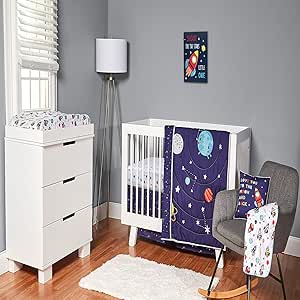 Fisher-Price Baby Boy Nursery Crib Bedding Set Outer Space Moon Stars 4 Piece Crib Bedding Set for Boys Space Explorer Collection