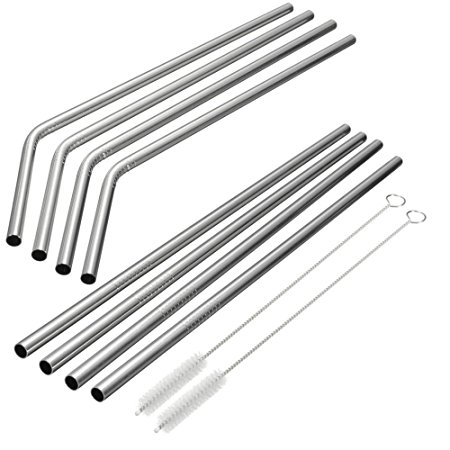 Kichwit Stainless Steel Smoothie Straws - 8 Pack with 2 Cleaning Brushes - Reusable Drinking Straws for 30oz Tumblers - 9 / 9.5-inch Length
