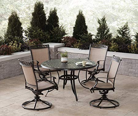 Hanover Fontana 5-Piece Dining Set with 4 Sling Swivel Rockers and a 48-in. Cast-Top Table, FNTDN5PCSWC Outdoor Furniture, Tan