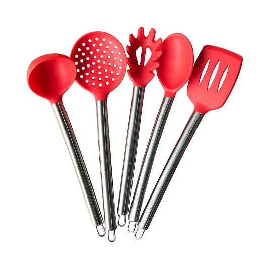 TTLIFE Silicone Spatula Utensil Kitchen 5 Pieces With Spaghetti Pasta Server, Slotted Turner, Serving Spoon, Deep Ladle and Slotted Spoon