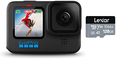 GoPro HERO10 Black   128GB Lexar 1066x microSDXC UHS-I Card Bundle, Waterproof Action Camera w/Front LCD, Touch Rear Screens, 5.3K60 Ultra HD Video, 23MP Photos, Up to 160MB/s Read Card w/Adapter