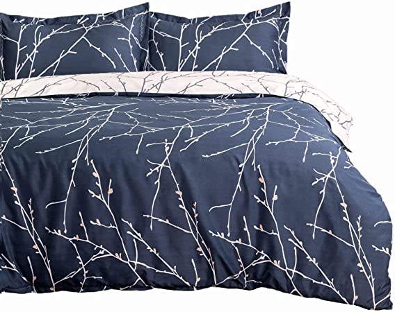 Duvet Cover Set with Zipper Closure-Blue/beige Branch Printed Pattern Reversible,Full/Queen (86x96 inches)-3 Pieces (1 Duvet Cover   2 Pillow Shams)-110 gsm Ultra Soft Hypoallergenic Microfiber