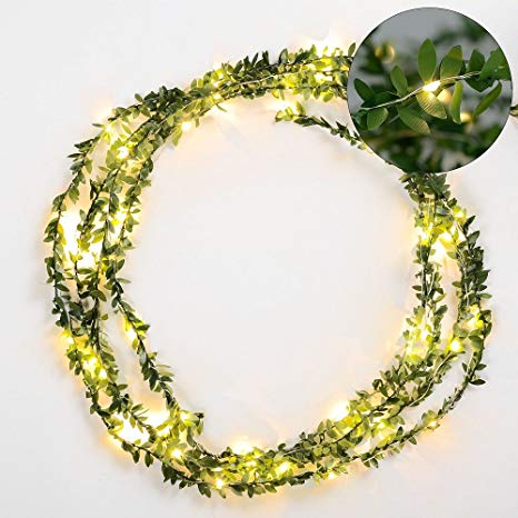 Omika Ivy Green Leaf Garland String Lights - Vine Fairy Lights - 16.4ft 50 LED Flexible Copper Battery Powered - Perfect for Indoor, Bedroom, Wedding, Party Decorations(Warm White)