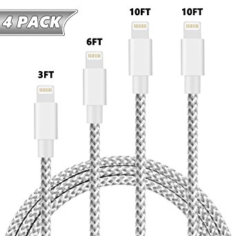Lightning Cable[4 Pack], (3FT 6FT 6FT 10FT) Nylon Braided charger cable Cord Lightning to USB Cable support iPhone 8/X 7/7 Plus/6/6s/6 Plus/6s Plus, iPad Pro/Air/mini, iPod [Sliver]