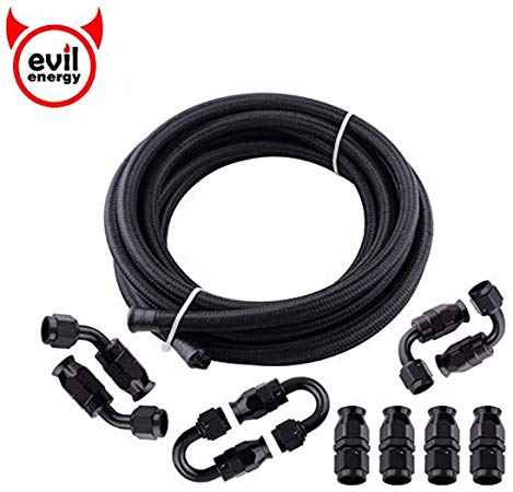 EVIL ENERGY 16FT 6 AN 3/8" Nylon Stainless Steel Braided PTFE E85 Tube Transmission Gas Oil Fuel Line Fittings Kit Universal(8.13mm ID)