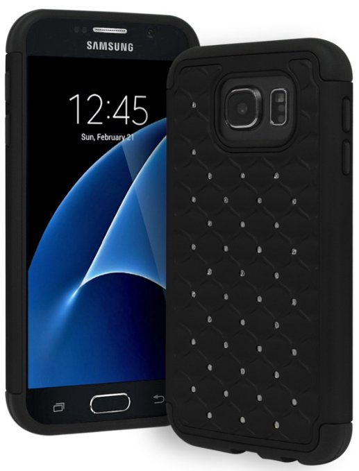 Galaxy S7 Case Bastex Heavy Duty Slim Fit Hybrid Rubber Silicone Cover with Bling Rhinestone Premium Dual Shock Phone Case for Samsung Galaxy S7 Black