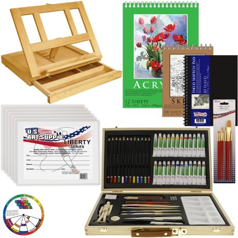 US Art Supply® 68-Piece Custom Artist Acrylic Painting Set with, Wood Drawer Table Easel, 24-Tubes Acrylic Colors, 12 Colored Pencils, 2 Graphite Pencils, 9"x12" Painting Paper Pad, 6-each 8"x10" Canvas Panels, 100-Sheet Sketch Pad, 80-Page Hardbound Sketchbook, 11 Artist Brushes, 5.5" Manikin, Plastic Palette with 10 Wells & Now Includes a FREE Color Wheel -Great Student Artist Starter Set