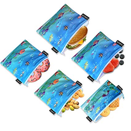 Reusable Sandwich Snack Bags Eco-Friendly Dishwasher Safe Lunch Bags for Fruits Vegetables with Zipper Set of 5